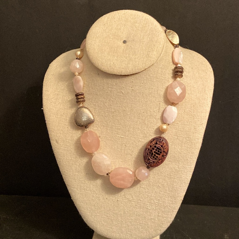 SILPADA Sterling Silver 925 Pink Rose Quartz Abalone Beads Palm Wood Necklace